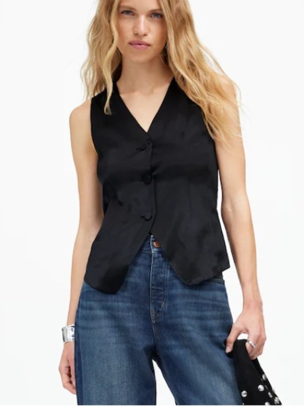 Madewell NWT Black Satin Button-Front Vest Top Size 4 City Preppy Academia